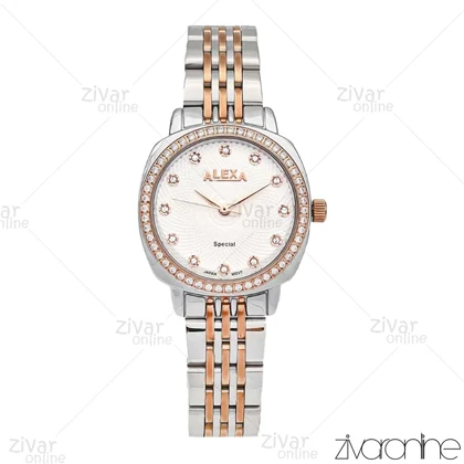 ساعت الکسا پریمیر زنانه رزگلد نقره ای صفحه سفید دور نگین 105885