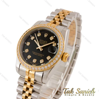 ساعت رولکس زنانه دورنگ طلایی صفحه مشکی دورنگین Rolex-5403-L