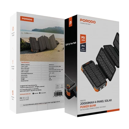 پاوربانک خورشیدی 20000 میلی آمپر پرودو مدل PORODO SOLAR POWER BANK PDPBFCH070BK