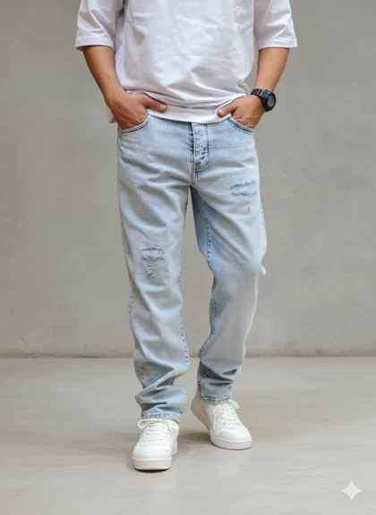 شلوار مام فیت آبی یخی زاپ‌دار