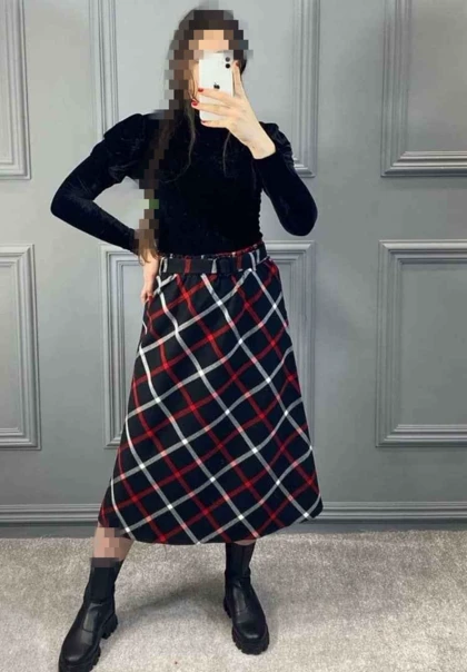 دامن چهارخونه پشمی قد 75 کد 50129