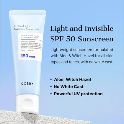 ضد آفتاب سبک و جذب سریع کوزارکس، COSRX مدل Ultra-Light SPF50 مناسب انواع پوست حجم 50 میلی‌لیتر