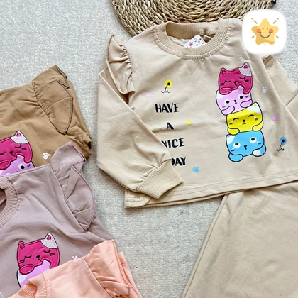 بلوز شلوار دخترانه بگ گربه جنس پنبه برند DENIZ مناسب 2 تا 10 سال