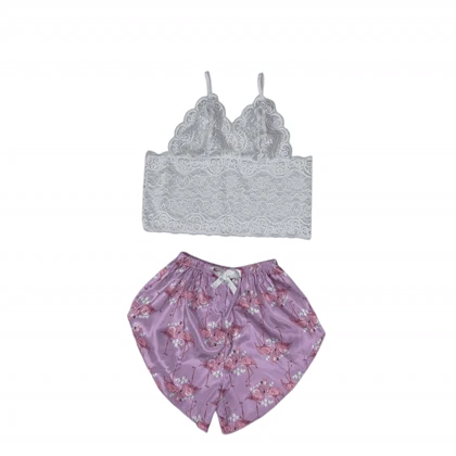 ست نیم‌تنه گیپور و شلوارک طرح فلامینگو 147