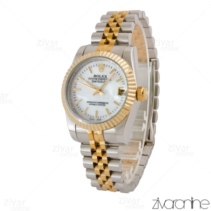 ساعت رولکس دیت جاست زنانه دورنگ طلایی صفحه سفید صدفی 105209