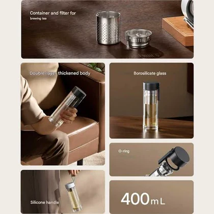 فلاسک شیشه‌ای دوجداره میجیا 400 میلی‌لیتر با صافی چای