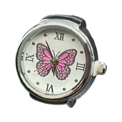 ساعت انگشتری زنانه بند کشی استیل طرح پروانه صورتی