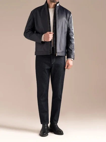 کاپشن چرم طبیعی سرمه ای ساده j195