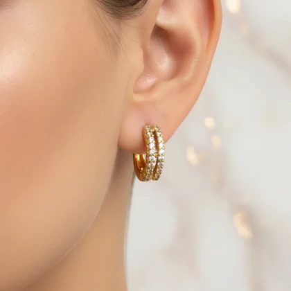 گوشواره حلقه‌ای زنانه ژوپینگ مدل سپهرک طرح جواهری نگین‌دار طلایی دو ردیفه