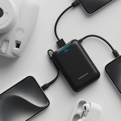 پاوربانک 20000 تایپ‌سی و USB-A توان 22.5 وات پاورولوژی Powerology PPBM102BK با کابل تایپ‌سی متصل و نمایشگر دیجیتالی