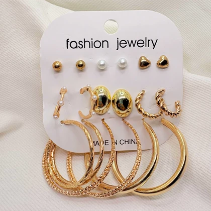 پک 9 جفتی گوشواره طلایی مدل «جامع» | ترکیبی از میخی، حلقه‌ای و فانتزی (اقتصادی)