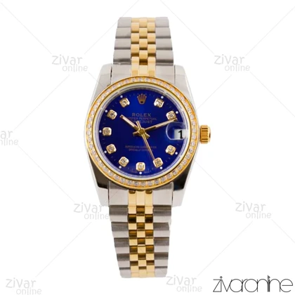 ساعت رولکس دیت جاست زنانه دورنگ طلایی صفحه سرمه ای دور نگین 103510