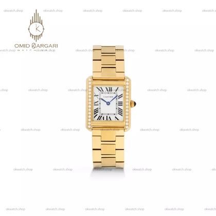 ساعت مچی کارتیه بدنه طلایی صفحه سفید قاب نگین Cartier