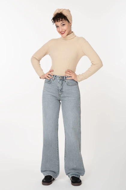 شلوار جین نیم بگ آبی یخی دخترانه زنانه رویال