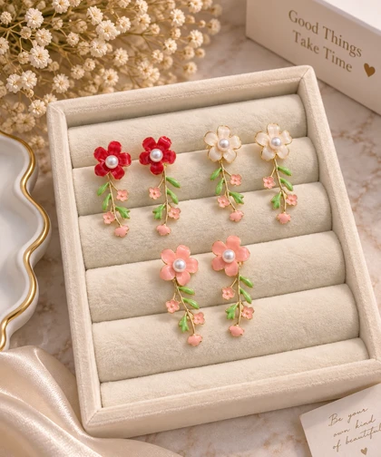 گوشواره میناکاری گل قرمز سایز کوچک