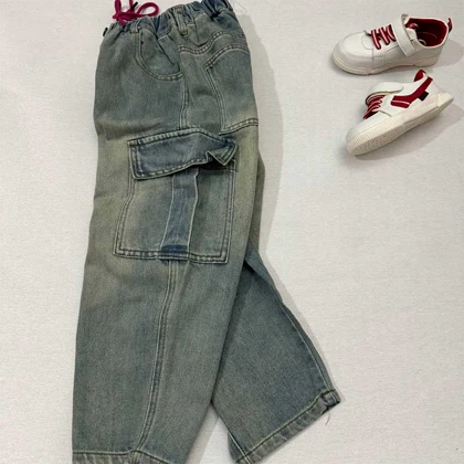 شلوار جین سنگ شور شده مام 6 جیب بند صورتی