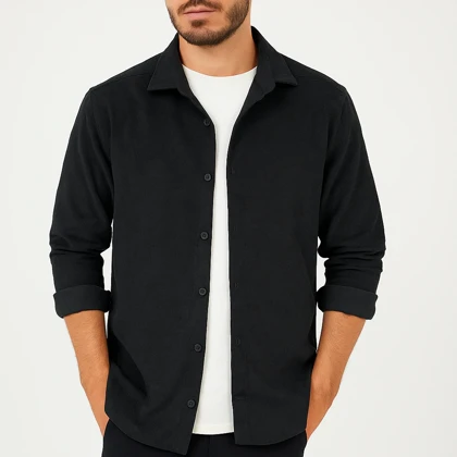 پیراهن مخمل کبریتی مردانه مشکی استایل شیک و گرم برای فصل های سرد 2025