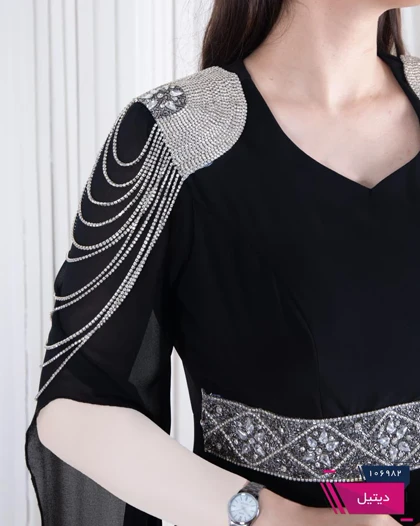 پیراهن مجلسی سرشونه و کمر سنگدوزی