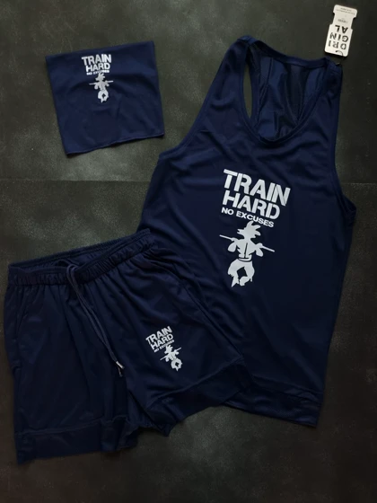 ست 3تیکه رکابی و شلوارک و اسکارف train hard