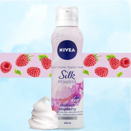 موس شستشوی بدن کرمی زنانه نیوآ مدل Silk Raspberry مناسب انواع پوست حجم 200 میلی‌لیتر