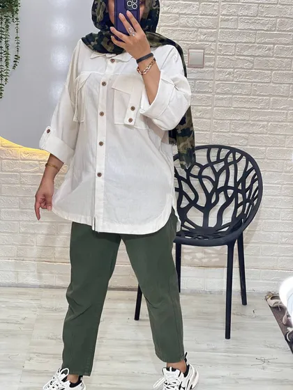 شومیز دو جیب لینن دکمه چوبی