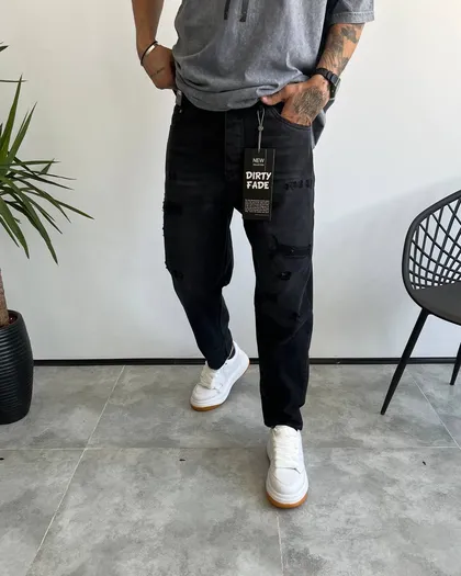 شلوار جین مام استایل دودی مشکی زاپ‌دار DIRTY FADE