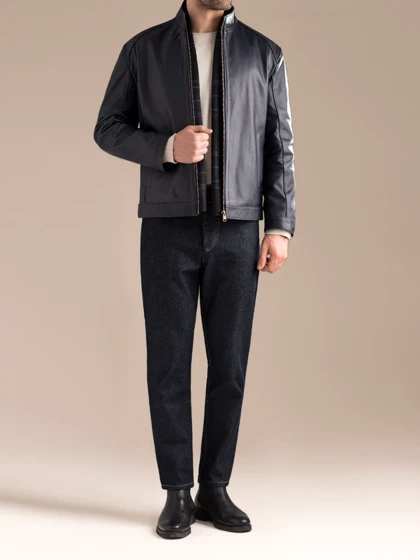 کاپشن چرم طبیعی سرمه ای ساده j195