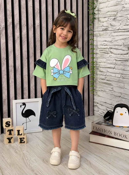 ست کراپ شلوارک لی دخترانه