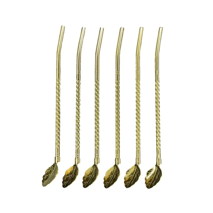 نی شربت استیل طلایی 6عددی بافرچه طرح برگ/p401