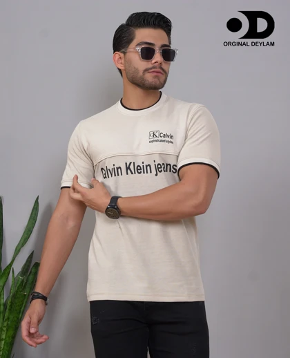 تیشرت مردانه کلوین کلاین کرمی پارچه نخ پنبه تایلندی کبریتی ریزتضمین کیفیت