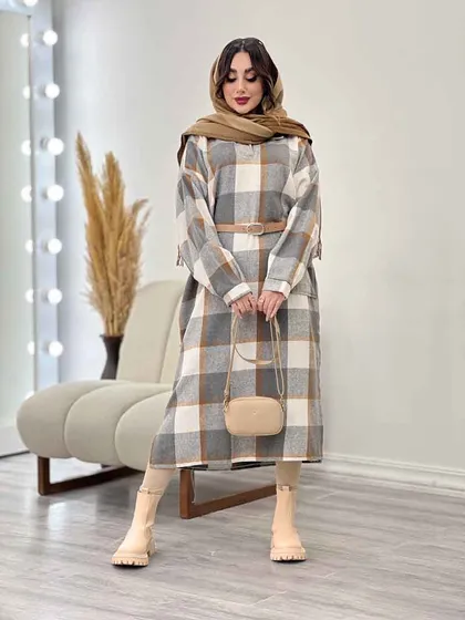 پیراهن بلند چهارخونه آستین پیله