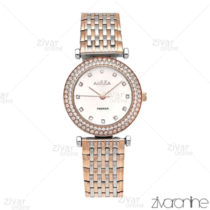 ساعت الکسا پریمیر زنانه رزگلد نقره ای صفحه سفید دور نگین 106136