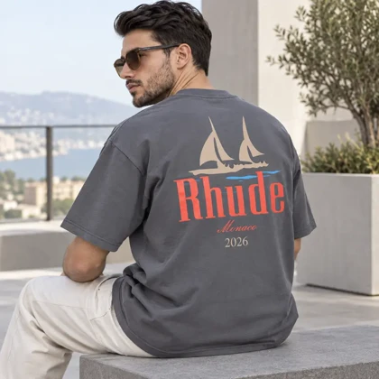 تیشرت مردانه باکسی نخ پنبه طرح قایق بادبانی Rhude Monaco طوسی پرسیسکا
