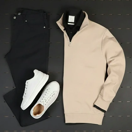پکیج دورس مردانه نیم زیپ مدل Behbod-کرم + پیراهن مردانه مشکی VQ