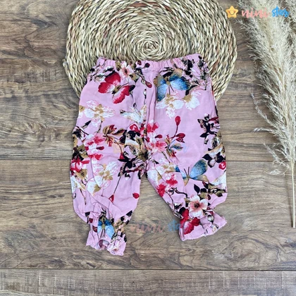 تاپ شلوارک نخی صورتی طرح پروانه و گل