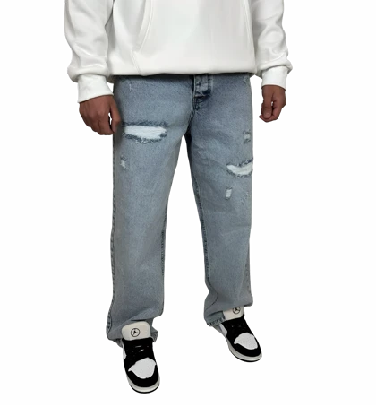 شلوار جین مردانه بگ فیت (Baggy Fit) - رنگ آبی یخی زاپ‌دار - فیت لش