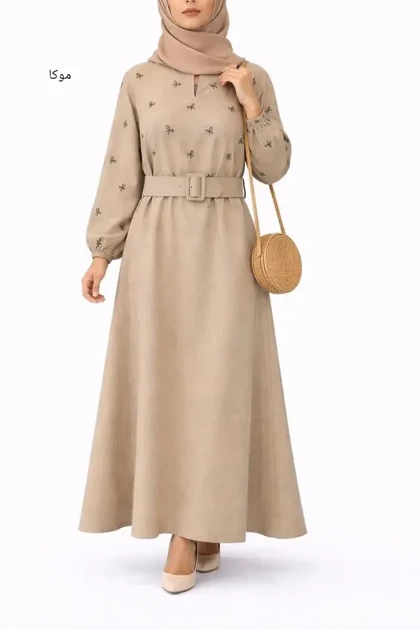 پیراهن مانتویی گلدوزی فرنیا همراه با کمربند