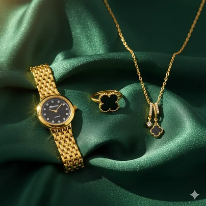 ست زنانه ساعت و گردنبند و انگشتر مدل Van Cleef -طلایی مشکی ویژه