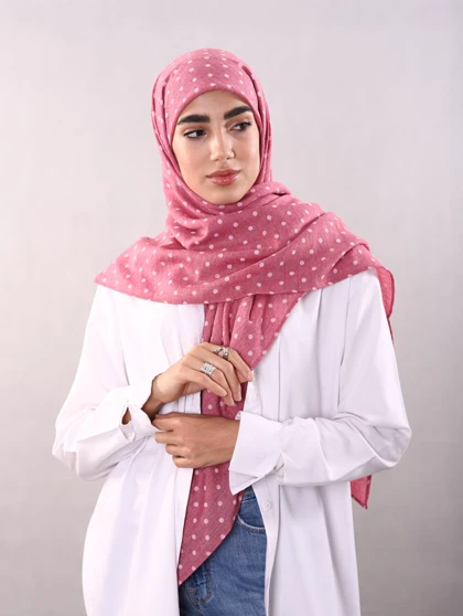 روسری وال نخی ژاکارد خال‌خالی صورتی تیره