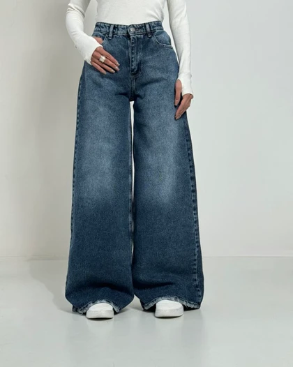 شلوار فول بگ پایین زاپ آبی تیره کد 1000198