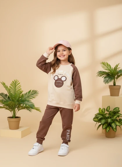 بلوز شلوار دخترانه طرح میکی رنگ کرم قهوه ای کد 965