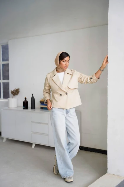 بارانی کوتاه کتی زنانه مدل دو دکمه قد 55 آستردار