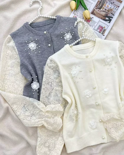 ژاکت بافت آستین کارشده گل و مروارید کد 5309