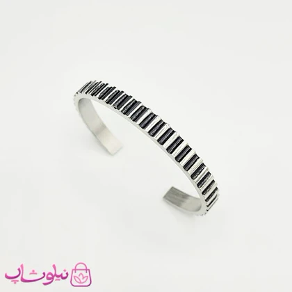 دستبند بنگل مردانه مدل مارش مشکی نقره ای کد 370