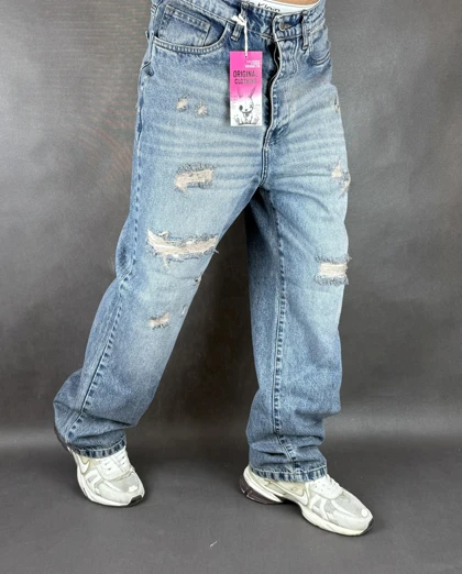 شلوار نیم بگ مردانه آبی کثیفشور زاپ‌دار 124