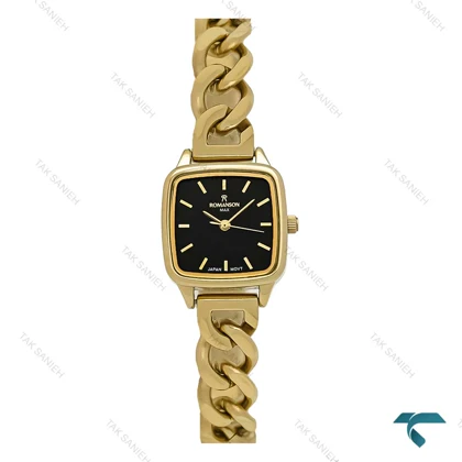 ساعت زنانه رومانسون مربعی بند کارتیه ای طلایی صفحه مشکی Romanson-7293-L