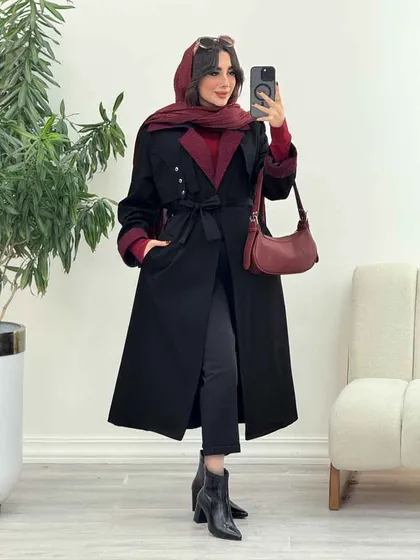 بارانی بلند یقه ترکیبی