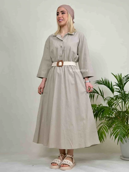 پیراهن لینن بلند زنانه کمربندار