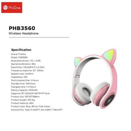 هدفون بلوتوثی پرووان ProOne مدل PHB3560 تاشو و فانتزی