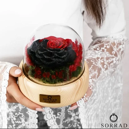 باکس چوبی گوی شیشه ای/ گل رز قرمز-مشکی